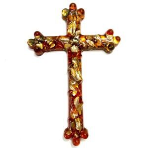 Vintage‎ Amber Toned Lucite Cross With Embedded Shells